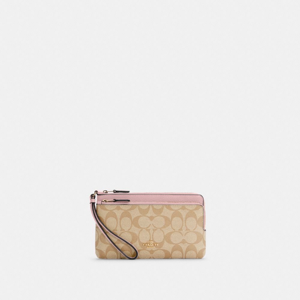 COACH®,DOUBLE ZIP WALLET IN SIGNATURE CANVAS,Signature Canvas,Mini,Im/Lt Khaki/Powder Pink,Front View