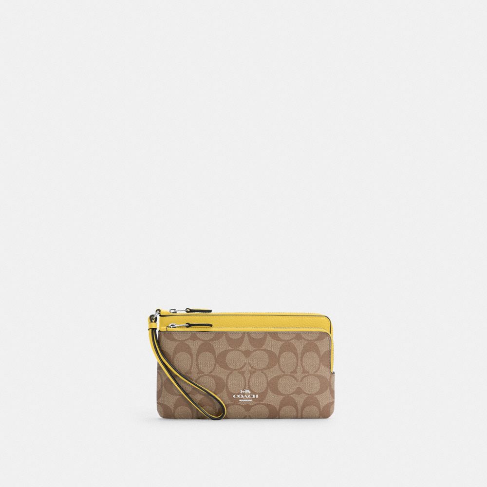 COACH®,DOUBLE ZIP WALLET IN SIGNATURE CANVAS,Signature Canvas,Mini,Silver/Khaki/Retro Yellow,Front View