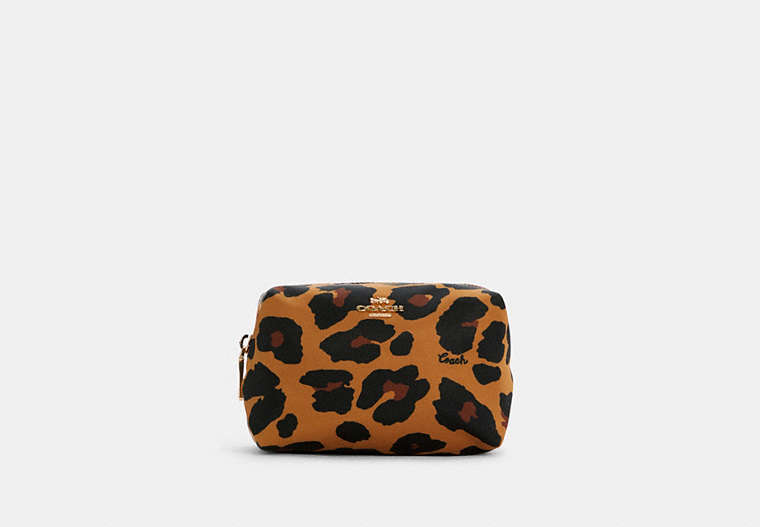 COACH®,SMALL BOXY COSMETIC CASE WITH LEOPARD PRINT,Nylon,Gold/Light Saddle Multi,Front View