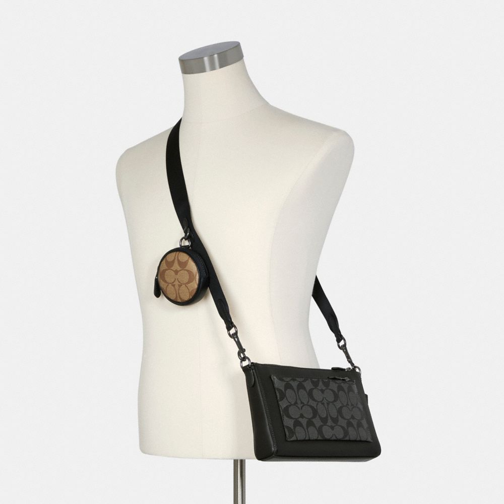 COACH®,Holden Crossbody In Signature Canvas,Canvas,Leather,Calfskin Leather,Crossbody,Coin,Logo,Color Block,Gunmetal,Casual,Black,Brown,Alternate View