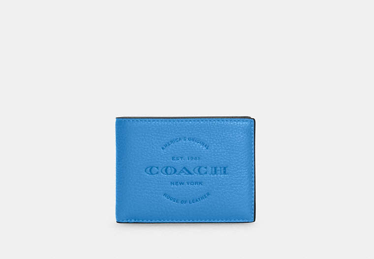 COACH®,SLIM BILLFOLD WALLET,Pebbled Leather,Gunmetal/Racer Blue/Midnight Navy,Front View