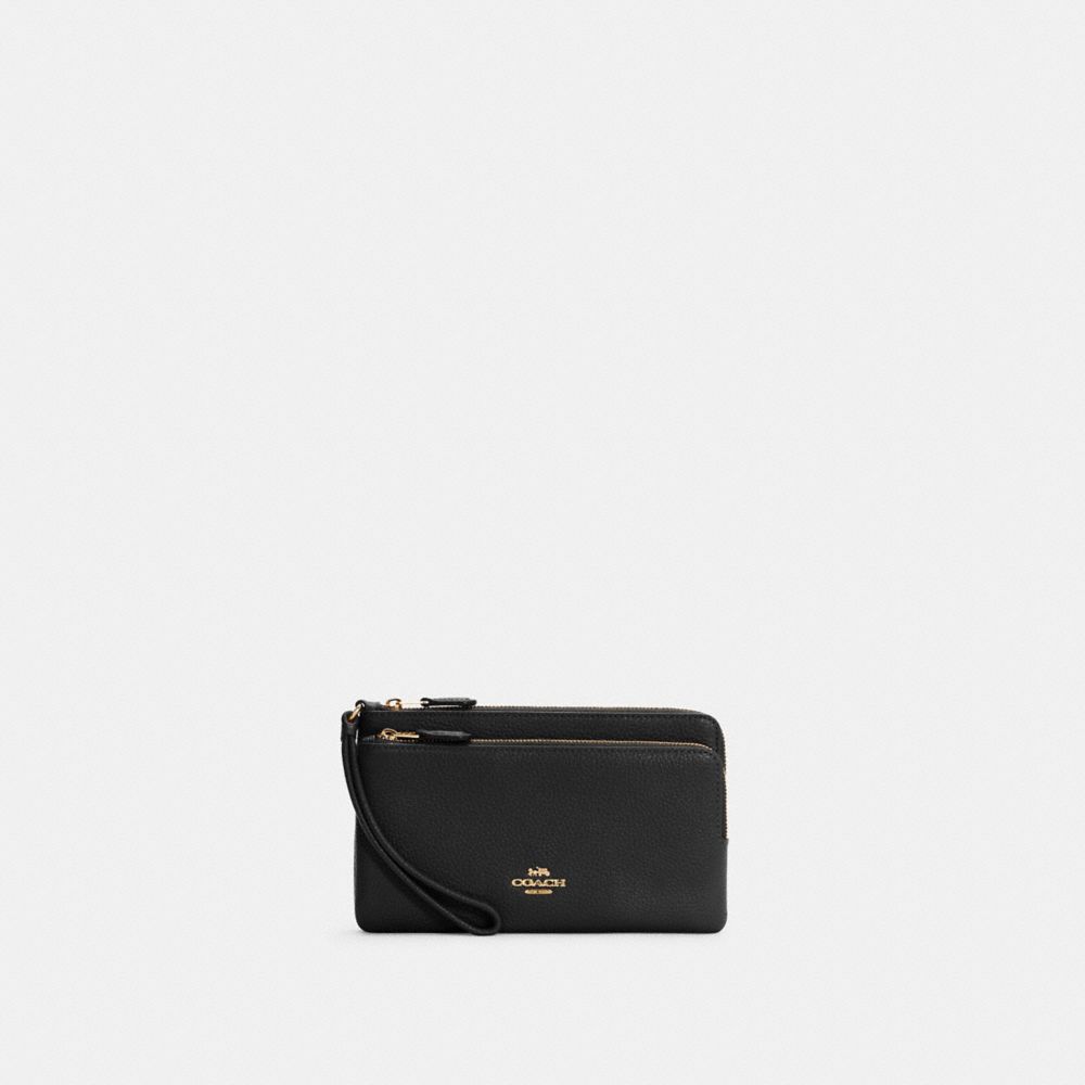 COACH®,DOUBLE ZIP WALLET,Pebbled Leather,Mini,Gold/Black,Front View