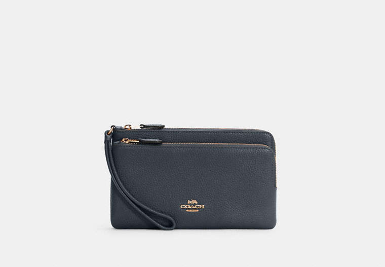 COACH®,DOUBLE ZIP WALLET,Pebbled Leather,Mini,Gold/Midnight,Front View