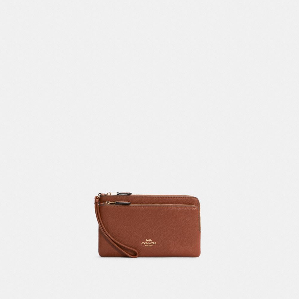 COACH®,PORTEFEUILLE À DOUBLE ZIP,Cuir galet,Or/Sapin rouge,Front View