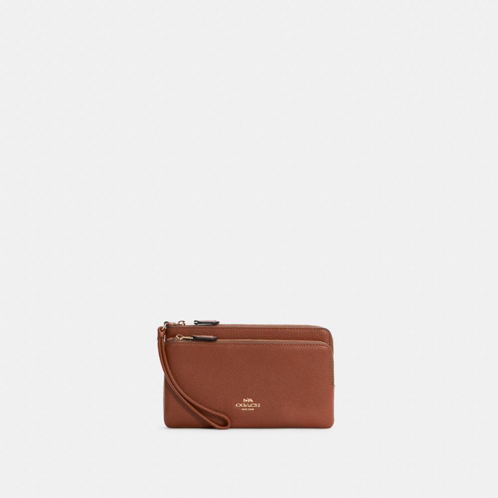 COACH®,DOUBLE ZIP WALLET,Pebbled Leather,Mini,Gold/Redwood,Front View