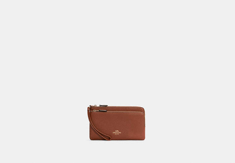 COACH®,DOUBLE ZIP WALLET,Pebbled Leather,Gold/Redwood,Front View
