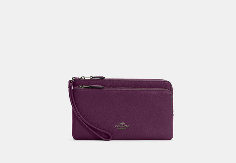 COACH®,DOUBLE ZIP WALLET,Pebbled Leather,Mini,Black Antique Nickel/Boysenberry,Front View