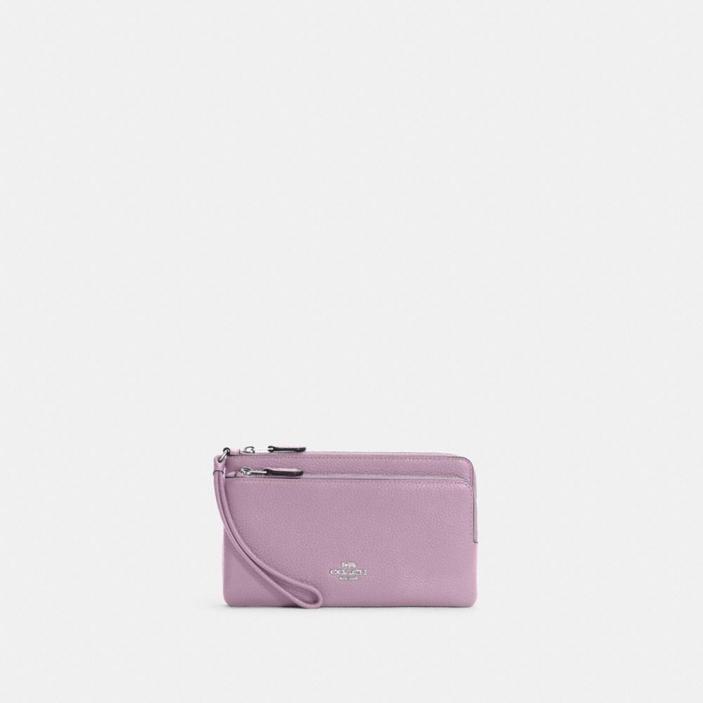 COACH®,DOUBLE ZIP WALLET,Pebbled Leather,Mini,Silver/Ice Purple,Front View