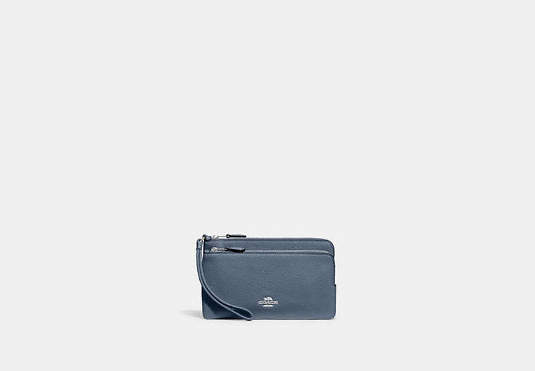 COACH®,DOUBLE ZIP WALLET,Pebbled Leather,Silver/Light Mist,Front View