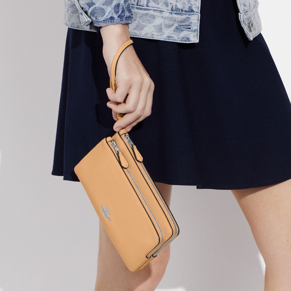 COACH®,Double Zip Wallet,Leather,Wristlet,Pouch,Casual,Beige,Detail View