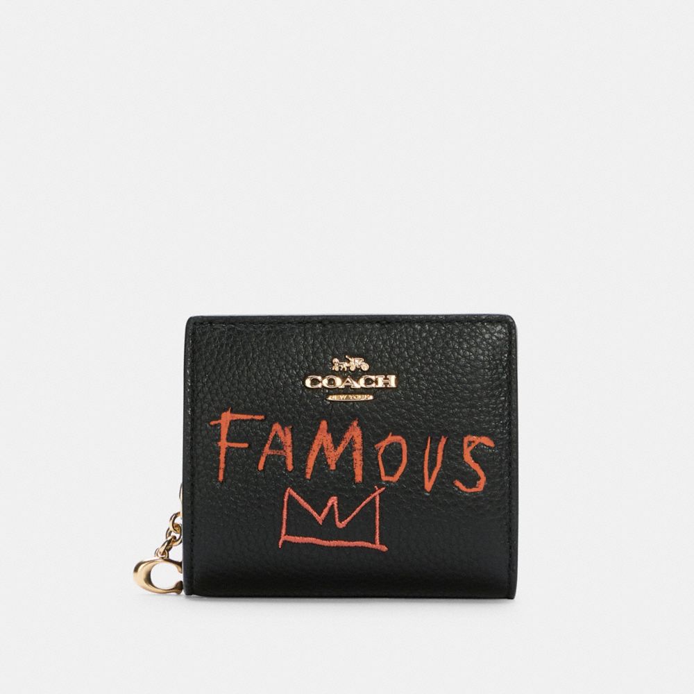 COACH®,COACH X JEAN-MICHEL BASQUIAT SNAP WALLET,Gold/Black Multi,Front View