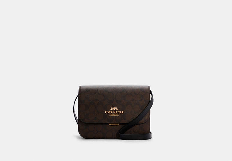 COACH®,BRYNN FLAP CROSSBODY BAG IN SIGNATURE CANVAS,Signature Coated Canvas/Smooth Leather,Medium,Gold/Brown Black,Front View image number 0