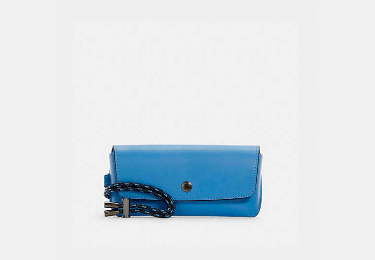 COACH®,SUNGLASS CASE IN COLORBLOCK,Mini,Gunmetal/Midnight Navy Racer Blue,Front View