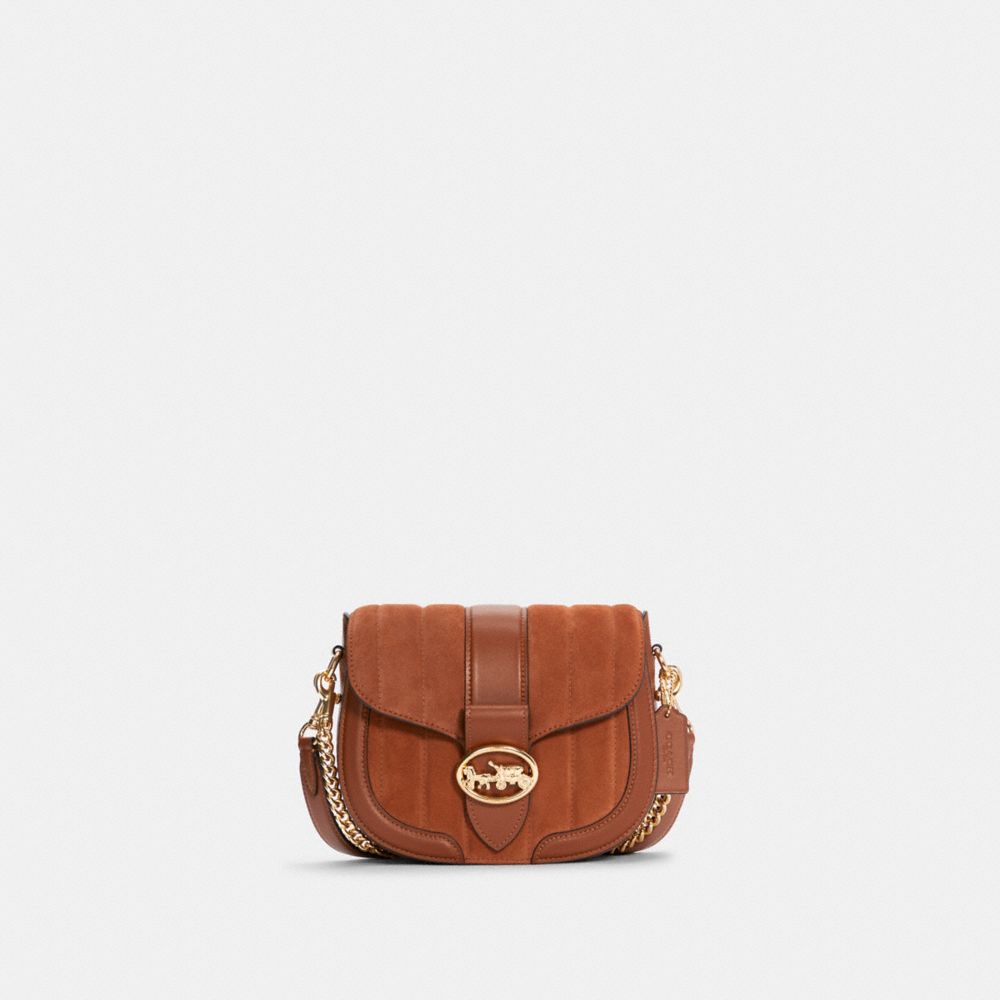 COACH®,GEORGIE SADDLE BAG WITH LINEAR QUILTING,Smooth Leather/Pebble Leather/Suede,Medium,Gold/Redwood,Front View