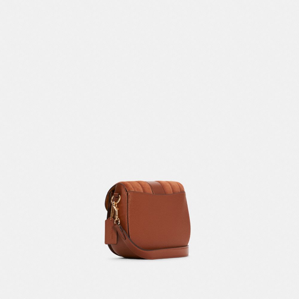 COACH®,GEORGIE SADDLE BAG WITH LINEAR QUILTING,Smooth Leather/Pebble Leather/Suede,Medium,Gold/Redwood,Angle View