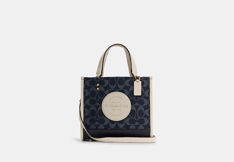 COACH®,DEMPSEY TOTE 22 IN SIGNATURE JACQUARD WITH COACH PATCH,Medium,Gold/Denim Multi,Front View