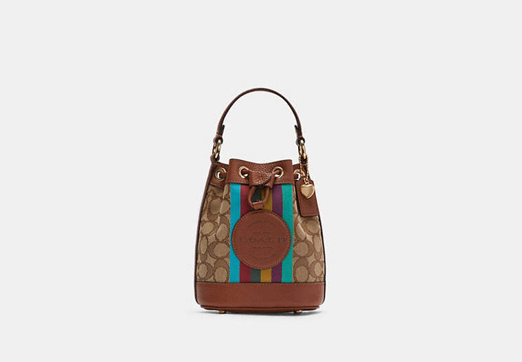 COACH®,DEMPSEY DRAWSTRING BUCKET 15 IN SIGNATURE JACQUARD WITH STRIPE AND COACH PATCH,Jacquard,Gold/Khaki/Redwood Multi,Front View image number 0