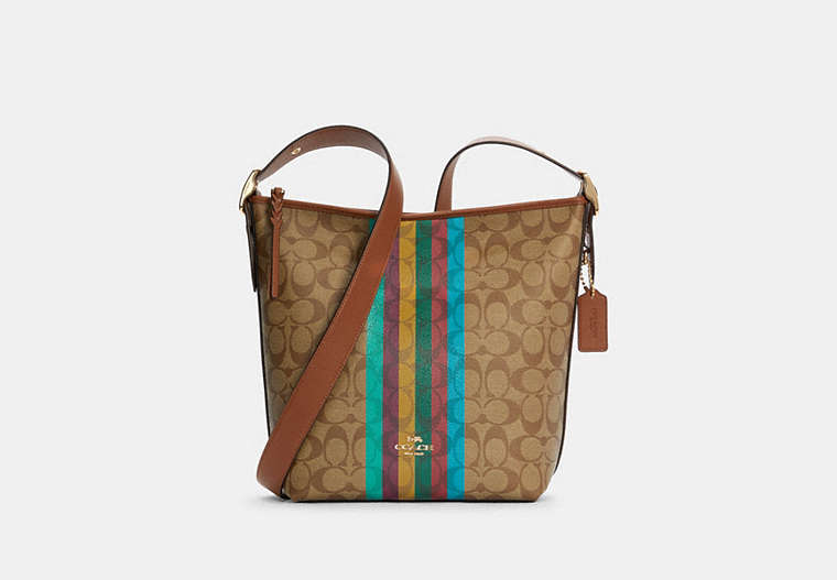 COACH®,VAL DUFFLE IN SIGNATURE CANVAS WITH STRIPE,Signature Coated Canvas/Smooth Leather,Gold/Khaki Multi,Front View