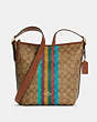 COACH®,VAL DUFFLE BAG IN SIGNATURE CANVAS WITH STRIPE,Signature Coated Canvas/Smooth Leather,Gold/Khaki Multi,Front View