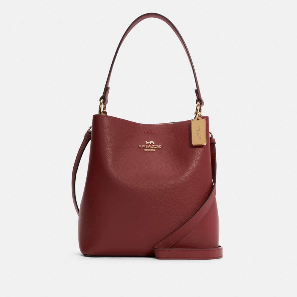 Coach Town Bucket Bag With Stripe Large Cherry Red/Gold in Pebbled Leather  with Gold-tone - US