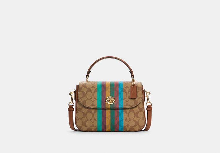 COACH®,MARLIE TOP HANDLE SATCHEL IN SIGNATURE CANVAS WITH STRIPE,Small,Gold/Khaki Multi,Front View
