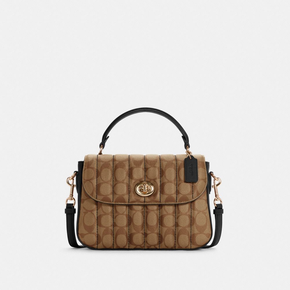 COACH®,MARLIE TOP HANDLE SATCHEL IN SIGNATURE CANVAS WITH QUILTING,Small,Gold/Khaki/Black,Front View