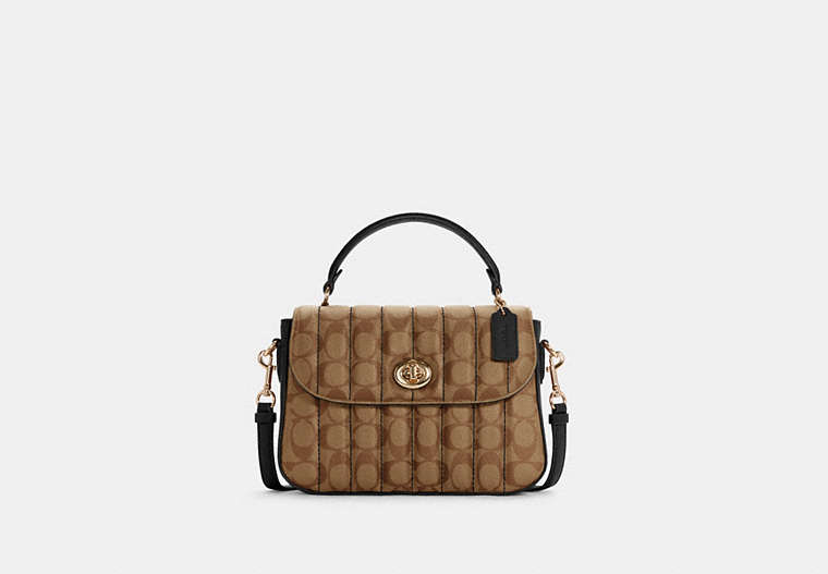 COACH®,MARLIE TOP HANDLE SATCHEL IN SIGNATURE CANVAS WITH QUILTING,Small,Gold/Khaki/Black,Front View