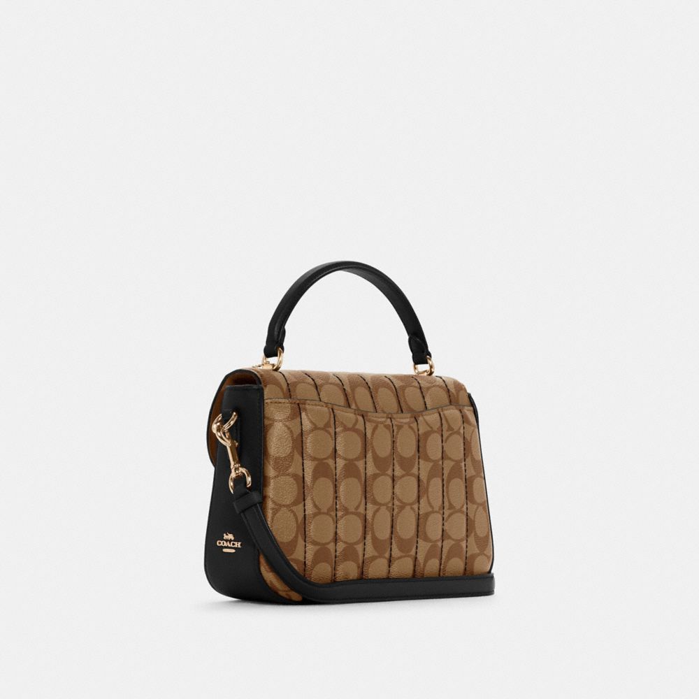 COACH®,MARLIE TOP HANDLE SATCHEL IN SIGNATURE CANVAS WITH QUILTING,Small,Gold/Khaki/Black,Angle View