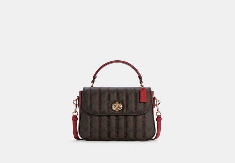 COACH®,MARLIE TOP HANDLE SATCHEL IN SIGNATURE CANVAS WITH QUILTING,Small,Gold/Brown 1941 Red,Front View