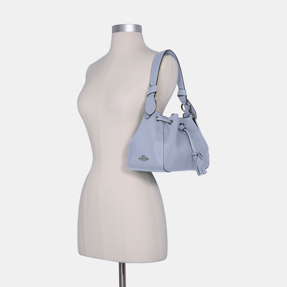 COACH®,EVERLY DRAWSTRING SHOULDER BAG,Pebbled Leather,Medium,Silver/TWILIGHT,Detail View