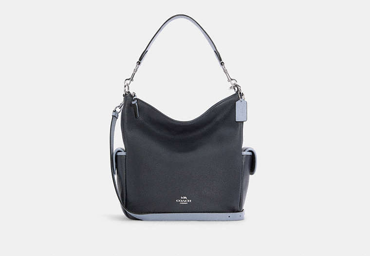 COACH®,PENNIE SHOULDER BAG,Pebble Leather,Large,Silver/Midnight Multi,Front View