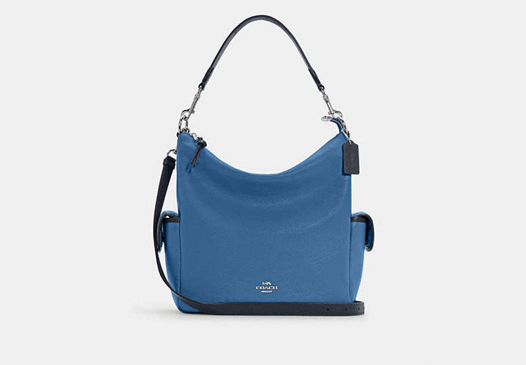 COACH®,PENNIE SHOULDER BAG,Pebble Leather,Large,Silver/Sky Blue Multi,Front View