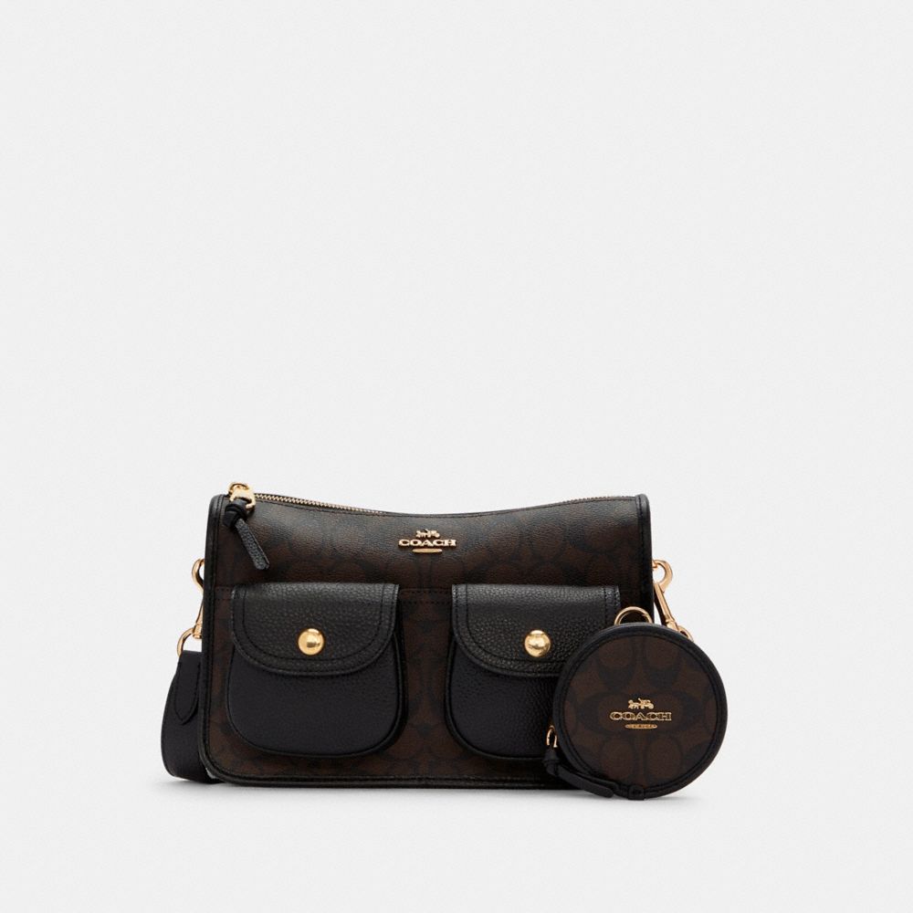 COACH®,PORTÉ-CROISÉ PENNIE AVEC ÉTUI-MONNAIE EN TOILE SIGNATURE,Tissu en toile exclusif,Or/Brun noir,Front View