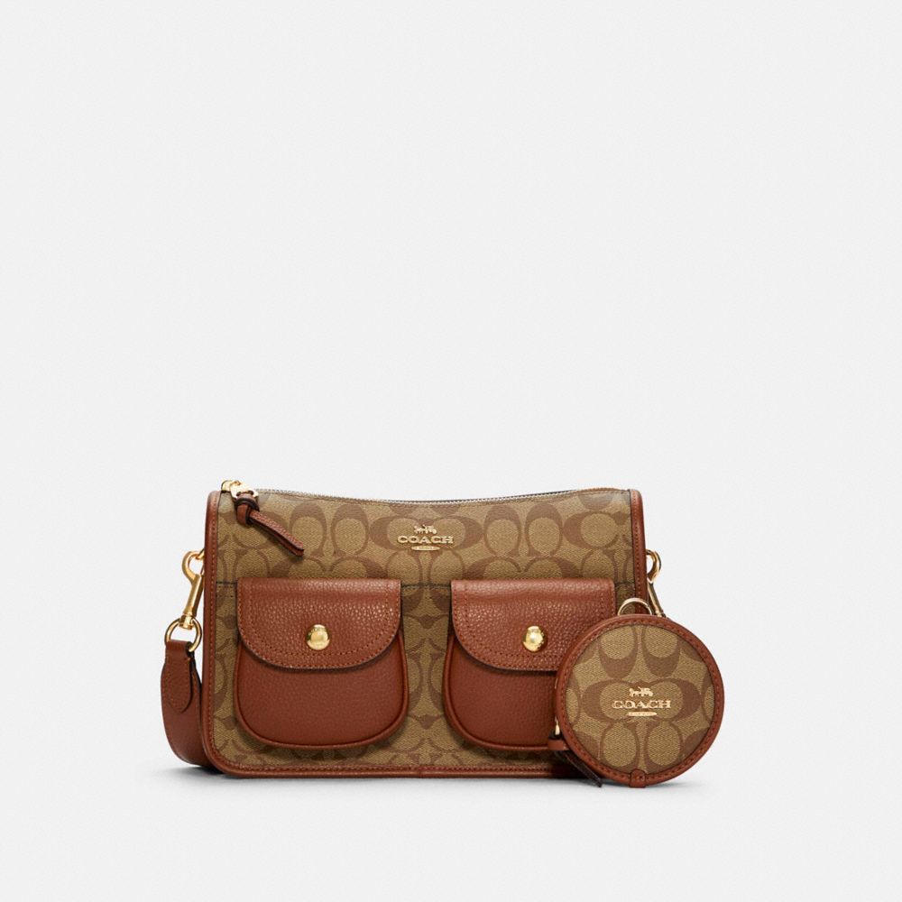 COACH®,PENNIE CROSSBODY WITH COIN CASE IN SIGNATURE CANVAS,Medium,Gold/Khaki Redwood,Front View