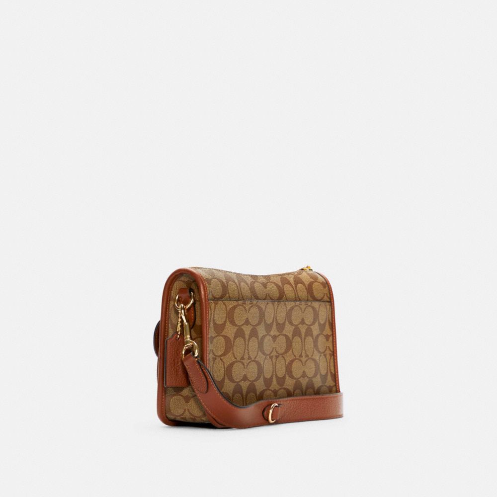 COACH®,PENNIE CROSSBODY WITH COIN CASE IN SIGNATURE CANVAS,Medium,Gold/Khaki Redwood,Angle View