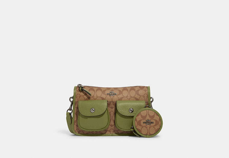 COACH®,PENNIE CROSSBODY WITH COIN CASE IN SIGNATURE CANVAS,Signature Coated Canvas/Pebble Leather,Medium,Black Antique Nickel/Khaki/Olive Green,Front View