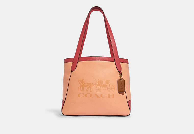 COACH®,TOTE IN COLORBLOCK WITH HORSE AND CARRIAGE,Pebble Leather,Large,Gold/Faded Blush Multi,Front View