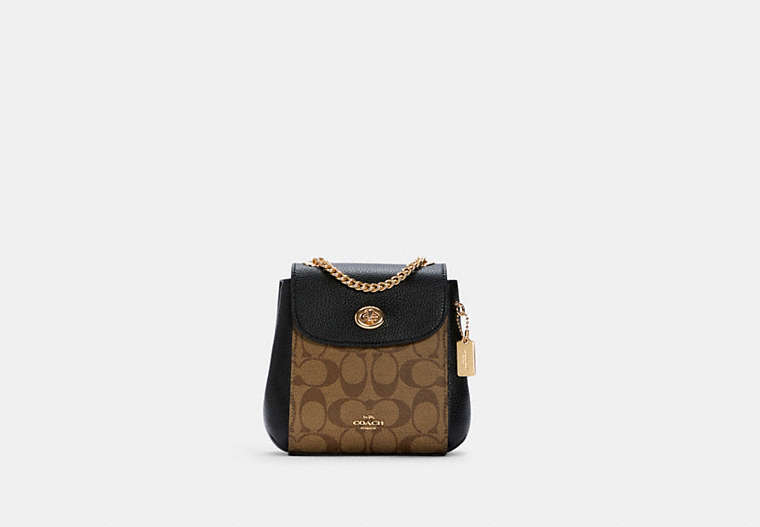 COACH®,CONVERTIBLE MINI BACKPACK IN SIGNATURE CANVAS,Signature Coated Canvas/Pebble Leather,Medium,Gold/Khaki/Black,Front View