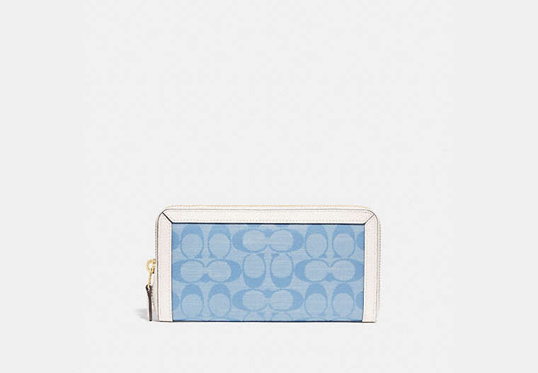 COACH®,ACCORDION ZIP WALLET IN SIGNATURE CHAMBRAY,Signature chambray,Mini,Brass/Light Washed Denim Chalk,Front View