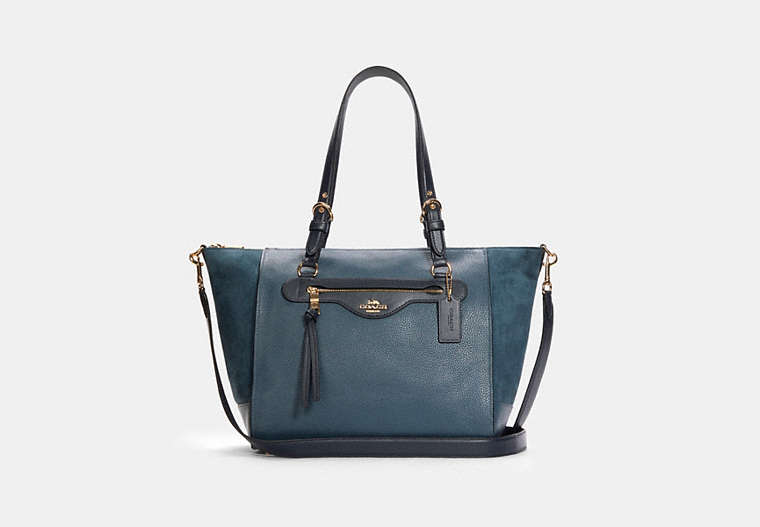 COACH®,KLEO CARRYALL,Pebble Leather/Smooth Leather/Suede,Large,Gold/Denim Multi,Front View
