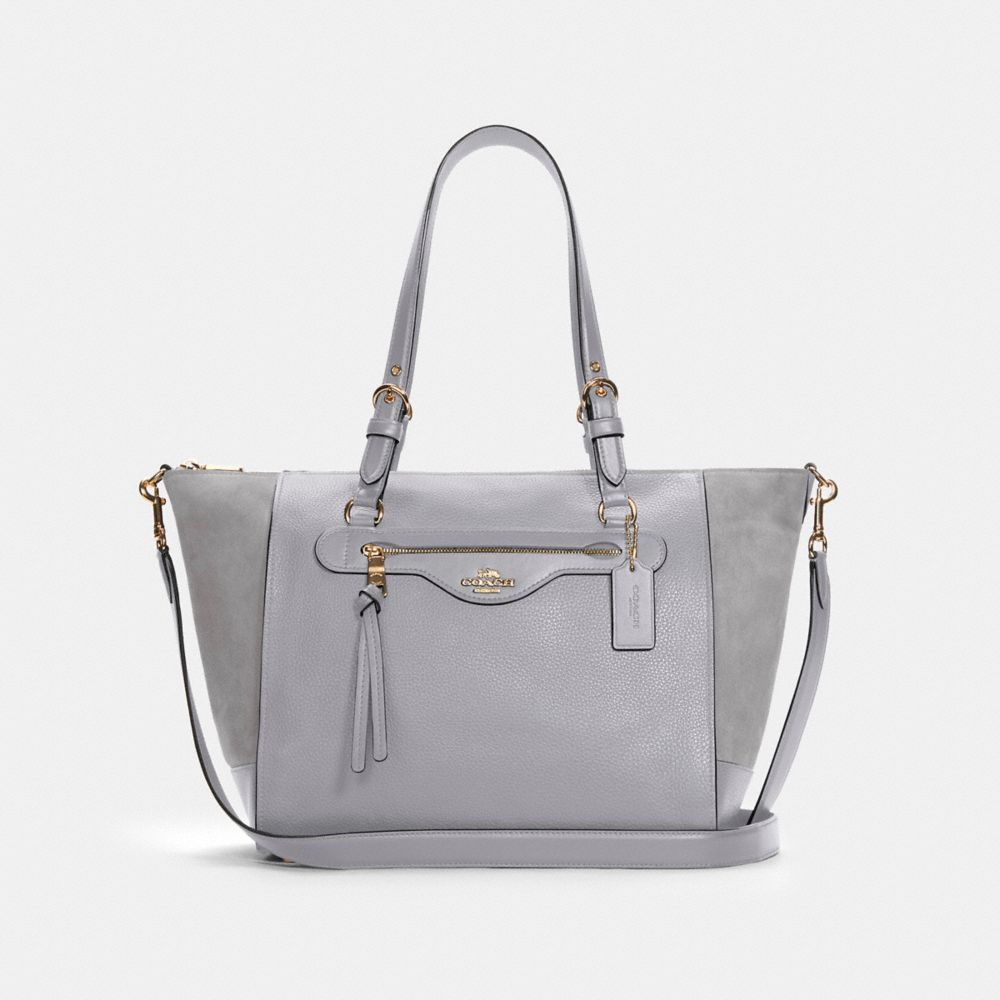 COACH®,CARRYALL KLEO,Cuir Galet/Cuir Lisse/Suède,Or/Granit,Front View