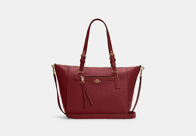 COACH®,KLEO CARRYALL,Pebbled Leather,X-Large,Gold/Cherry,Front View