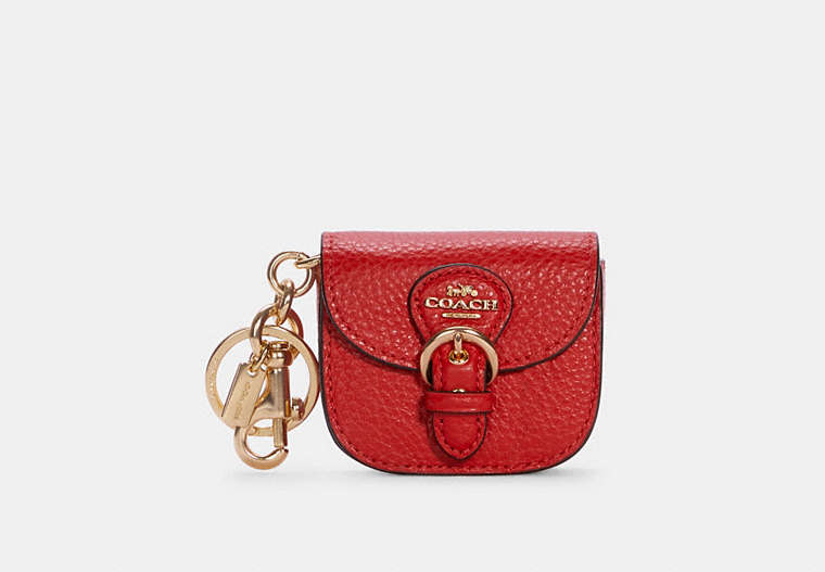 COACH®,MINI BUCKLE SADDLE BAG CHARM,Pebbled Leather,Gold/Bright Poppy,Front View