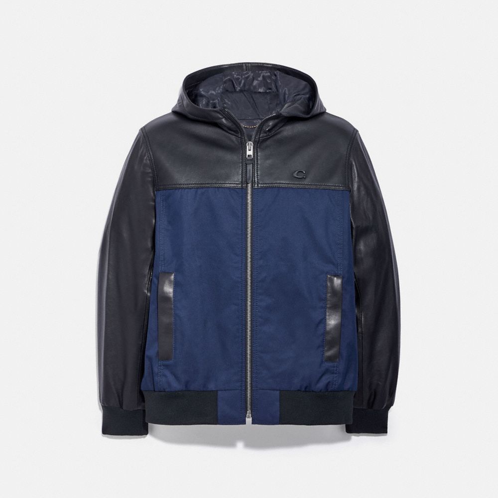 COACH®,PIECED LEATHER HOODIE,Smooth Leather/Cotton/Polyester,Black/Navy,Front View