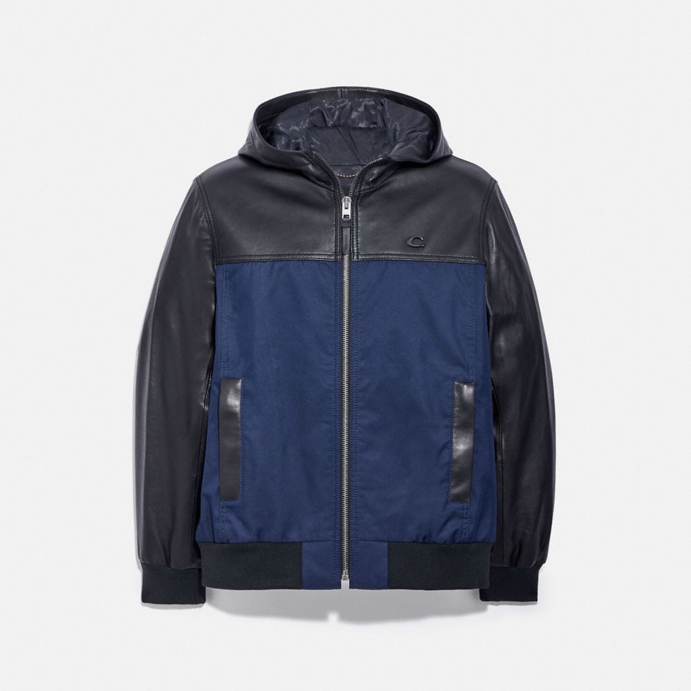 COACH®,Pieced Leather Hoodie,,Front View