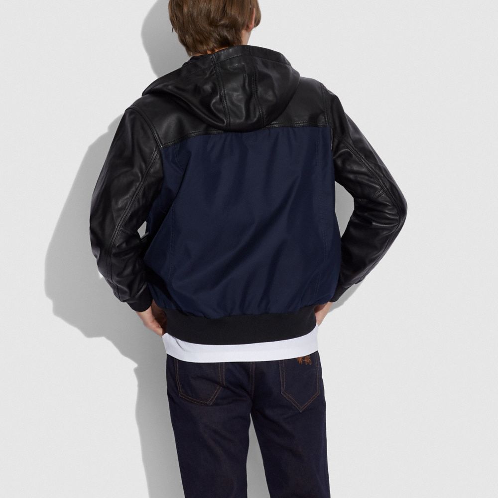 COACH®,PIECED LEATHER HOODIE,Smooth Leather/Cotton/Polyester,Black/Navy,Scale View