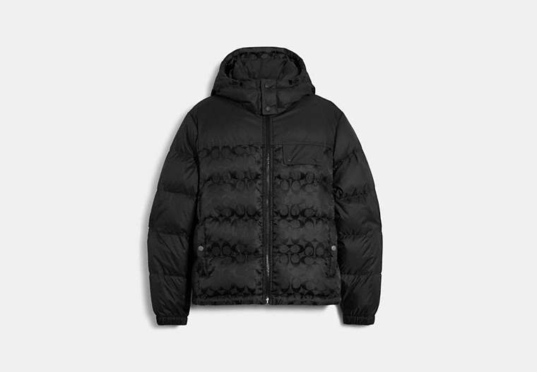 COACH®,SIGNATURE HOODED PUFFER JACKET,Nylon/Polyester,Black,Front View