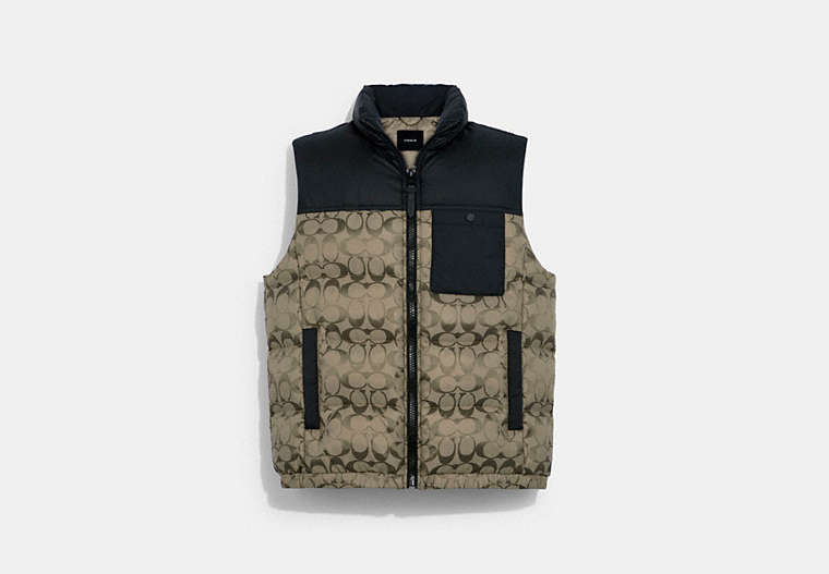COACH®,SIGNATURE PUFFER VEST,Nylon/Polyester,Black/Desert Taupe Signature,Front View