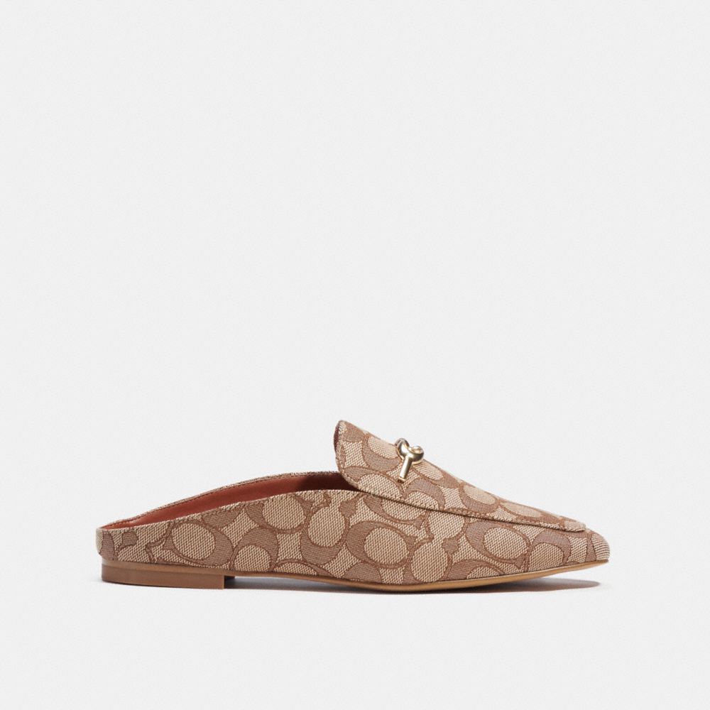 COACH®,Sienna Slide,Leather,Organic Cotton,Recycled Polyester,Rubber,Flats,Loafer,Mules,Metal,Logo,Side Vents,Gold Metal,C...,Brown,Angle View