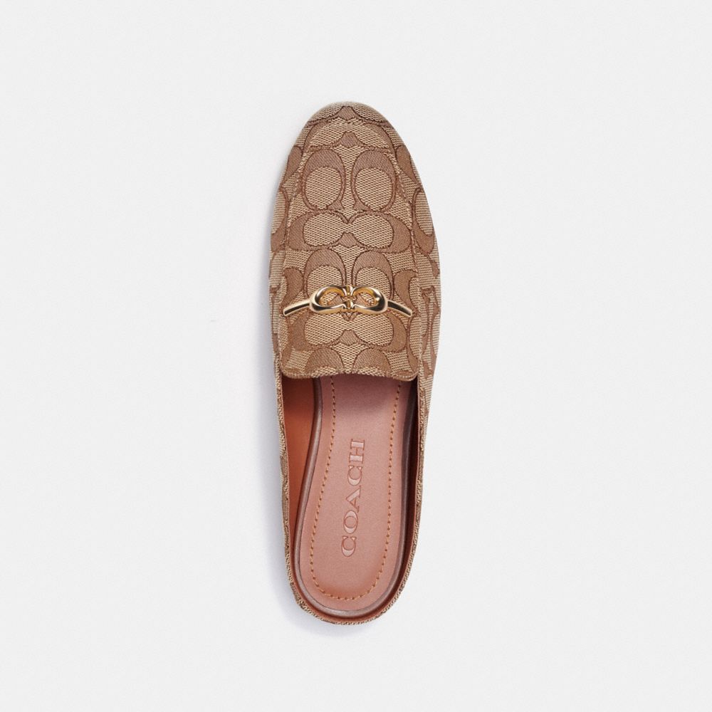 COACH®,Sienna Slide,Leather,Organic Cotton,Recycled Polyester,Rubber,Flats,Loafer,Mules,Metal,Logo,Side Vents,Gold Metal,C...,Brown,Inside View,Top View